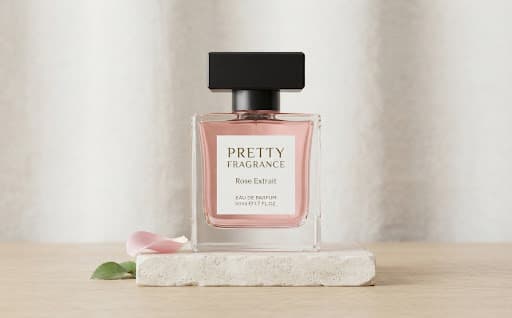 Flacon Rose Velours sur socle ivoire et reflets champagne